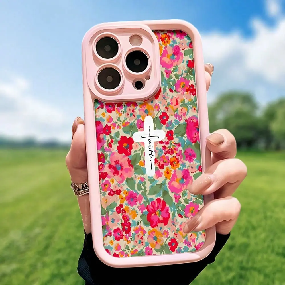 Faith Cross & Vibrant Flower TPU Protective Cellphone Case - Shockproof Cover, Compatible with iPhone 17-14/13-11 Series, Cute Design Ideal Gift, Mobile Phone Accessory