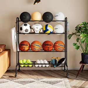 INGIORDAR Heavy Duty Rolling Basketball Rack - 4-Tier Sports Organizer with Locking Wheels  | Store 12+ Balls, Shoes & Gear