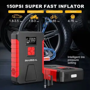 Portable 6000mAh Car Jump Starter & 150PSI Digital Air Inflator, 800A Peak Battery Booster, USB Power Bank, LED Emergency Flashlight with SOS & Strobe, Fast Charging Automotive Kit, Black & Red
