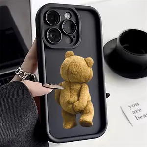 Cute Teddy Bear Back Print Black Phone Case for iPhone 17 Pro Max / 16 Pro Max / 15 Pro Max / 14 Pro Max / 13 Pro Max / Galaxy S26 Ultra / S25 Ultra / S24 Ultra / S23 Ultra / S22 Ultra