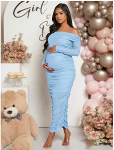 Maternity Off Shoulder Ruched Bodycon Dress With Long Sleeve, Pregnant Women dress For Baby Shower Floral Mesh