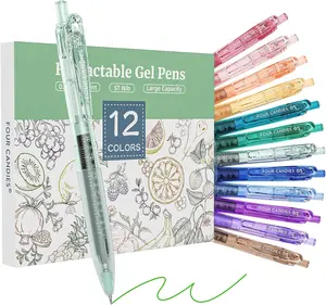 Four Candies 12Pack 0.5mm Quick Dry Retractable Gel Pen Set, Cute Transparent Fine Point Multicolor Note Taking Aesthetic lnk Pens, Comfort Grip 12 Ink Colors Drawing Writing School Office Home Ideal Christmas Gift for Kids School Supplies Art Work