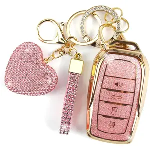 Key Fob Cover with Diamond Keychain Fit for Toyota Car Key Holder Compatible with Camry 2025, Venza 2019-2024, RAV4 Prime, Land Cruiser, Fortuner, Grand Highlander, Corolla, 4 Buttons (Pink)