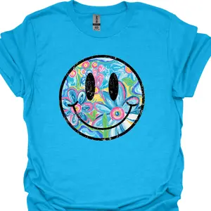 Flower Smiley DTF Graphic T shirt, Holiday Graphic Tees, Unisex Apparel, Relaxed Fit, Soft Print