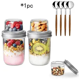 Double peel oat cup with lid (16OZ + 4OZ) with wet and dry separation mason jar, pudding cereal nut fruit meal preparation salad, sealed yogurt jar with spoon portable salad cup