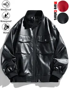 New Unisex Fashionable Oversized Windproof Warm Waterproof Durable Crocodile-Resistant PU Red Leather Motorcycle Jacket, Versatile Multi-Pocket Personalized Trendy Couple's Leather Outfit, Suitable for Daily Commuting, Wilderness Exploration, Hiking, and