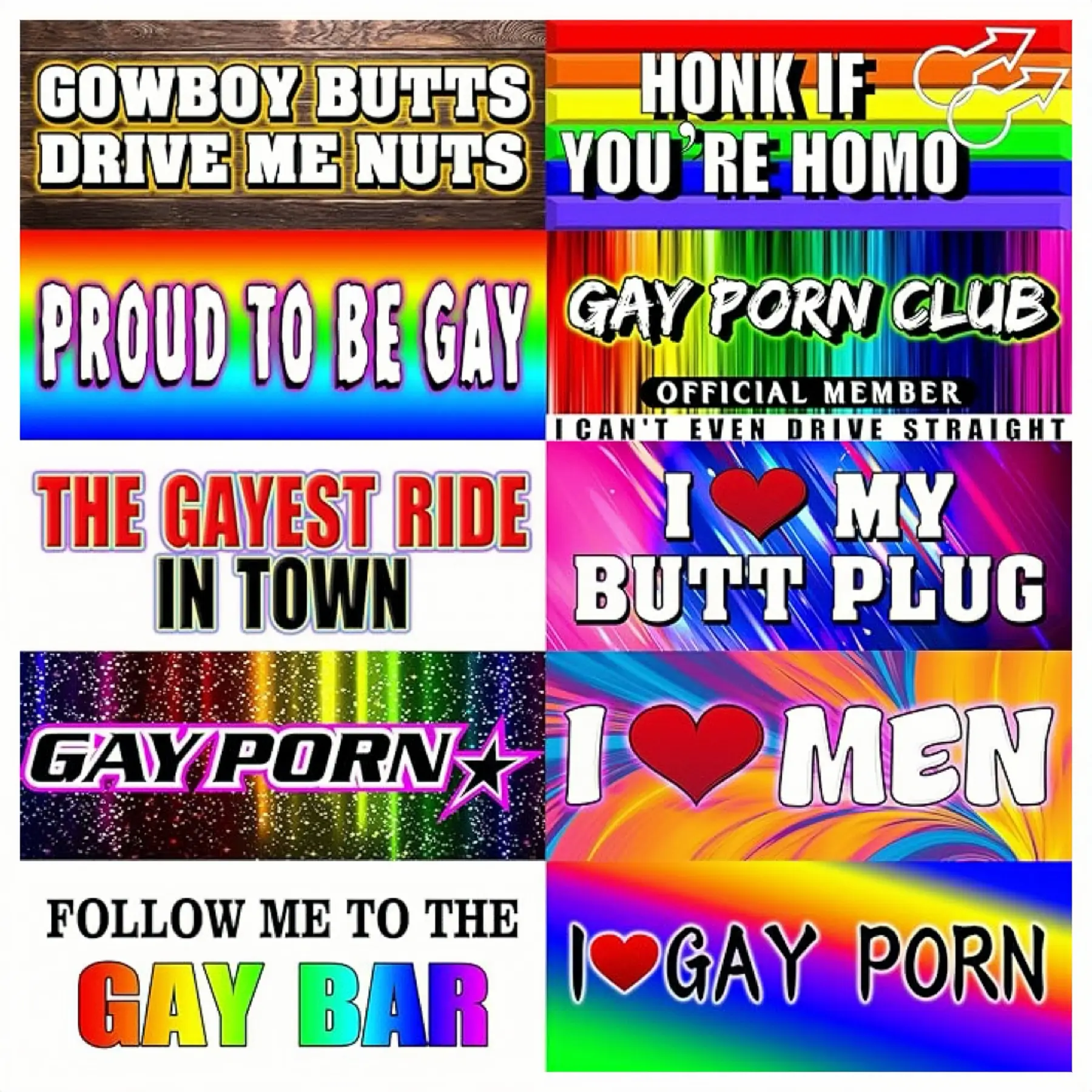 Funny Gay Pride Rainbow Magnet Bumper Sticker Set 10 Unique Designs 7.8X3.1 Inches Reusable Car Accessories for Vehicles & Fridge