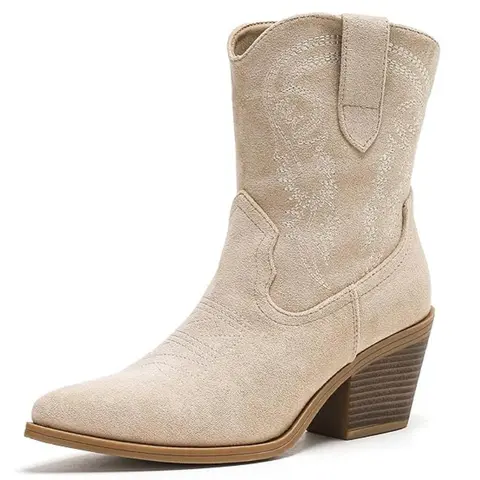 Women's Cowboy Fashion Western Ankle Booties - Pointed Toe, Side Zipper, 6.7cm Chunky Heel, Embroidery, Western Elegance, Flannel Accents, Footwear for Back to School, Shoes for Women