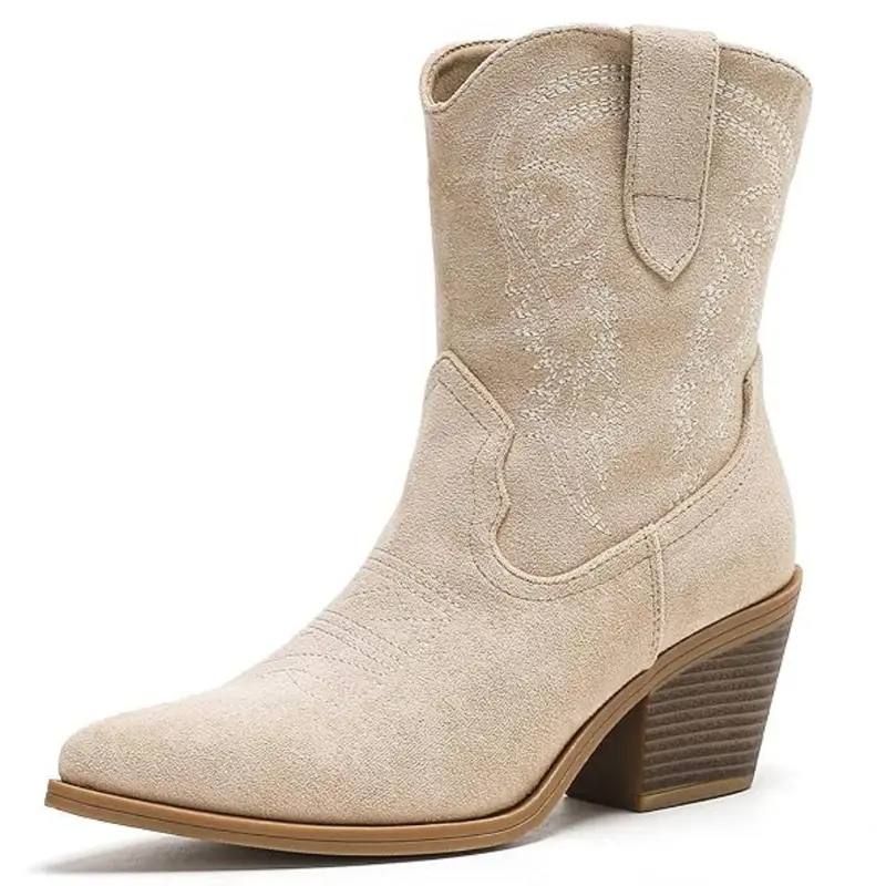 Women's Cowboy Fashion Western Ankle Booties - Pointed Toe, Side Zipper, 6.7cm Chunky Heel, Embroidery, Western Elegance, Flannel Accents, Footwear for Back to School, Shoes for Women