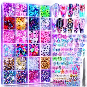 24 Grid Nail Charms Set with Multi-Shape Gems, AB Rhinestones, Gold Pearls, Y2K Charms & 3D Hawaii Flowers, Complete DIY Nail Art Kit
