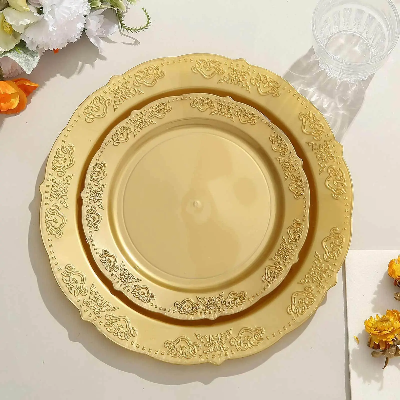 Disposable Plastic Round Floral Plates - Pack of 10 Plates, 7.5in Gold Embossed Scalloped Edge, Stylish for Upscale Table Settings, Festive Party Supplies for Weddings, Celebrations, Disposable Plates