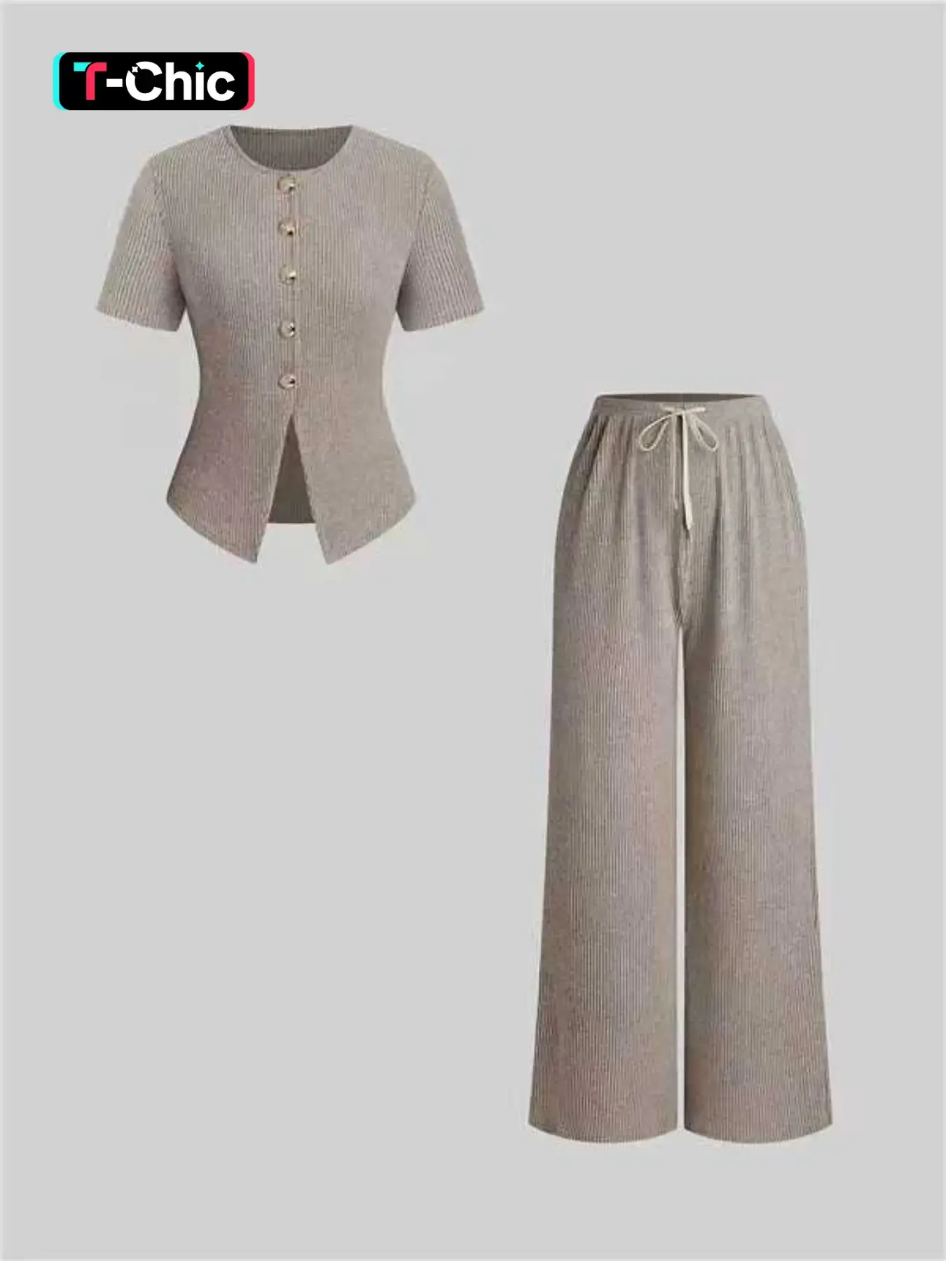 2-Piece Light-Tone Lightweight Fabric Short-Sleeve Wide-Leg Pants Set Women's Outfit, Casual, Button Cardigan, Round neck + Adjustable Drawstring Waist, Comfy for Home Relaxing / Café Stops