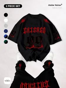 Street Style Gothic Flame Print 「2-Piece Set」 Breathable Short Sleeve Tee & Sporty Wide Leg Pants, Casual Loose Fit Unisex