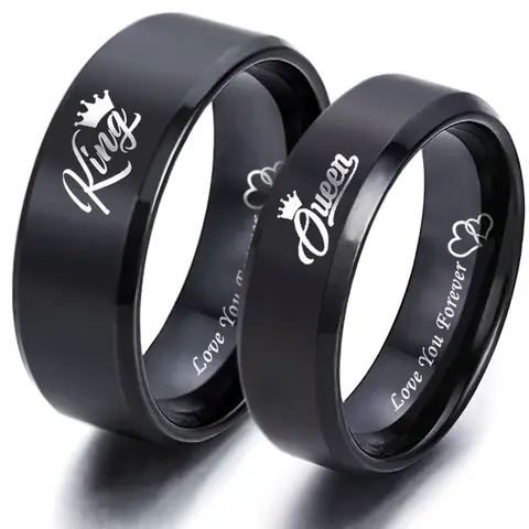 Unisex Hypoallergenic Titanium Steel Wedding Promise Rings - King & Queen Lettering Engravings, Heart Design, Yes-No Symbol Accent, Multi-Size Adjustable Fit, Daily Wear Anniversary Ring Gift for Romantic Occasions