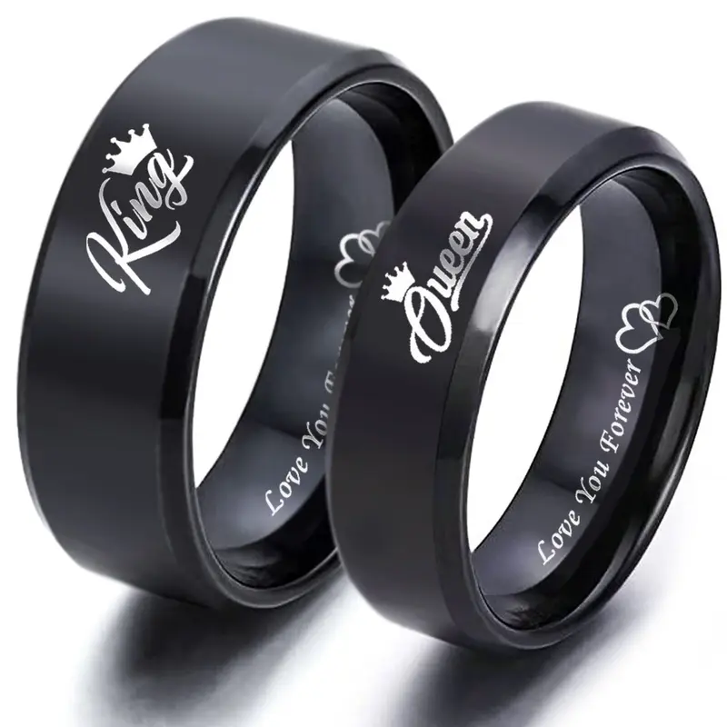 Unisex Hypoallergenic Titanium Steel Wedding Promise Rings - King & Queen Lettering Engravings, Heart Design, Yes-No Symbol Accent, Multi-Size Adjustable Fit, Daily Wear Anniversary Ring Gift for Romantic Occasions