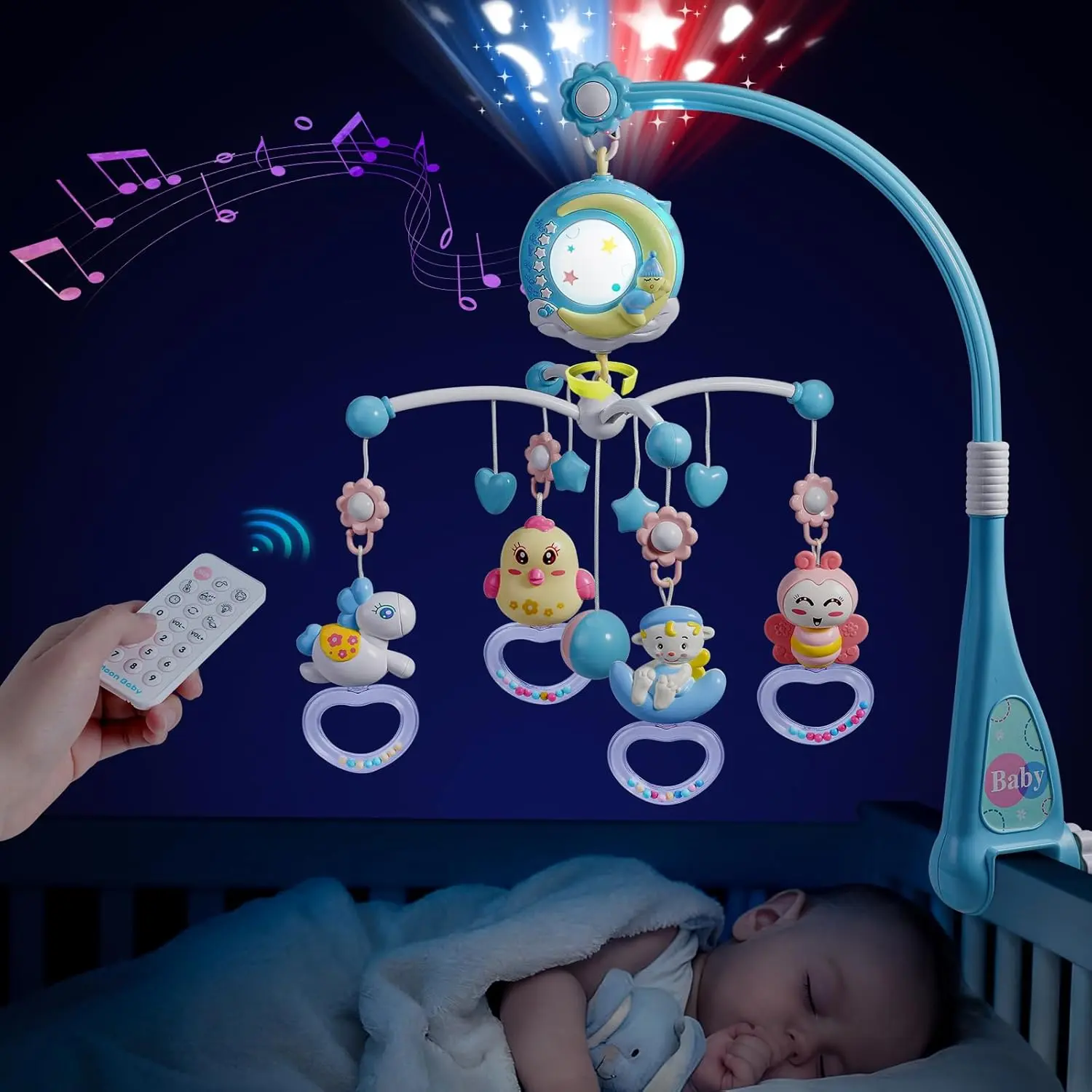 Mini Tudou Baby Musical Mobile Crib with Music Lights Timing Projection Take Along Rattle Music Box for Babies Boy Girl Toddler Sleep Aid