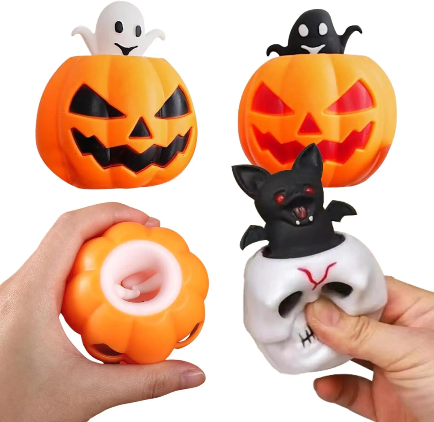 Halloween Squeeze Toys Pumpkin Squeeze Cup Toys Evil Pumpkin Design Ghost Skull Bat Squishy Toys Fidget Toys for Adults Stress Anxiety Relief Halloween Party Office Decorations Gifts 3Pcs