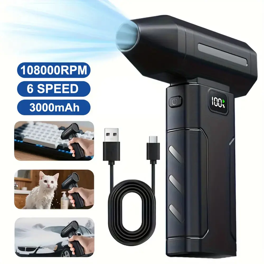 Compressed Air Dust Blower with LED Light, 6000mAh High-Speed Cordless Air Duster, 6-Gear Adjustable Fast-Charging Mini Blower, Handheld Portable Electric Air Cleaner for Computer, Keyboard, Car, Home, Office & Outdoor