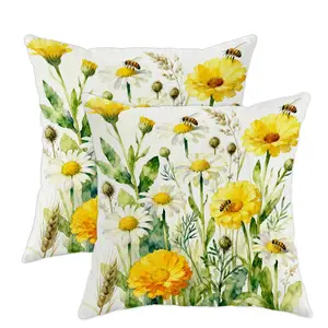 Jit 2pcs 2D Flat Chrysanthemum Throw Pillow Covers, Floral Watercolor Bee Flower Design, Hidden Zipper Accent, All Season Use