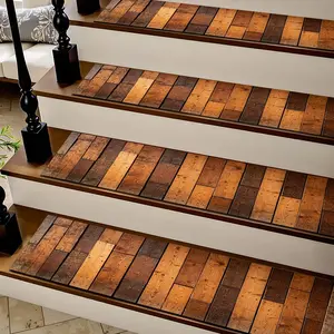 6/8/15 Piece Stair Mat Set, Vintage Wood Grain Pattern, Non-Slip Rubber Backing, Indoor Outdoor Use, Wooden Stair Non-Slip Mat, Ideal for Kids, Seniors, Pets, Perfect Home Decor