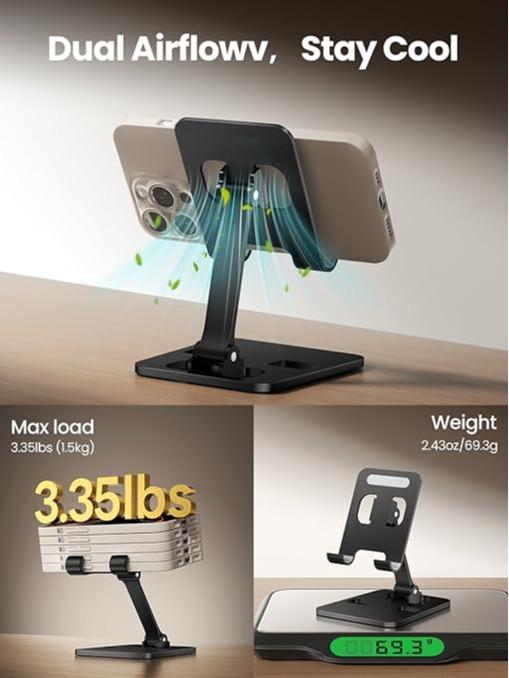 Phone Stand for Desk, Dual Folding Cell Phone Holder, Fully Adjustable Portable Mobile Phone Holder for iPhone 17 16 15 14 13 12 11 Pro Max Plus Air, Galaxy S25 S24, All Phones