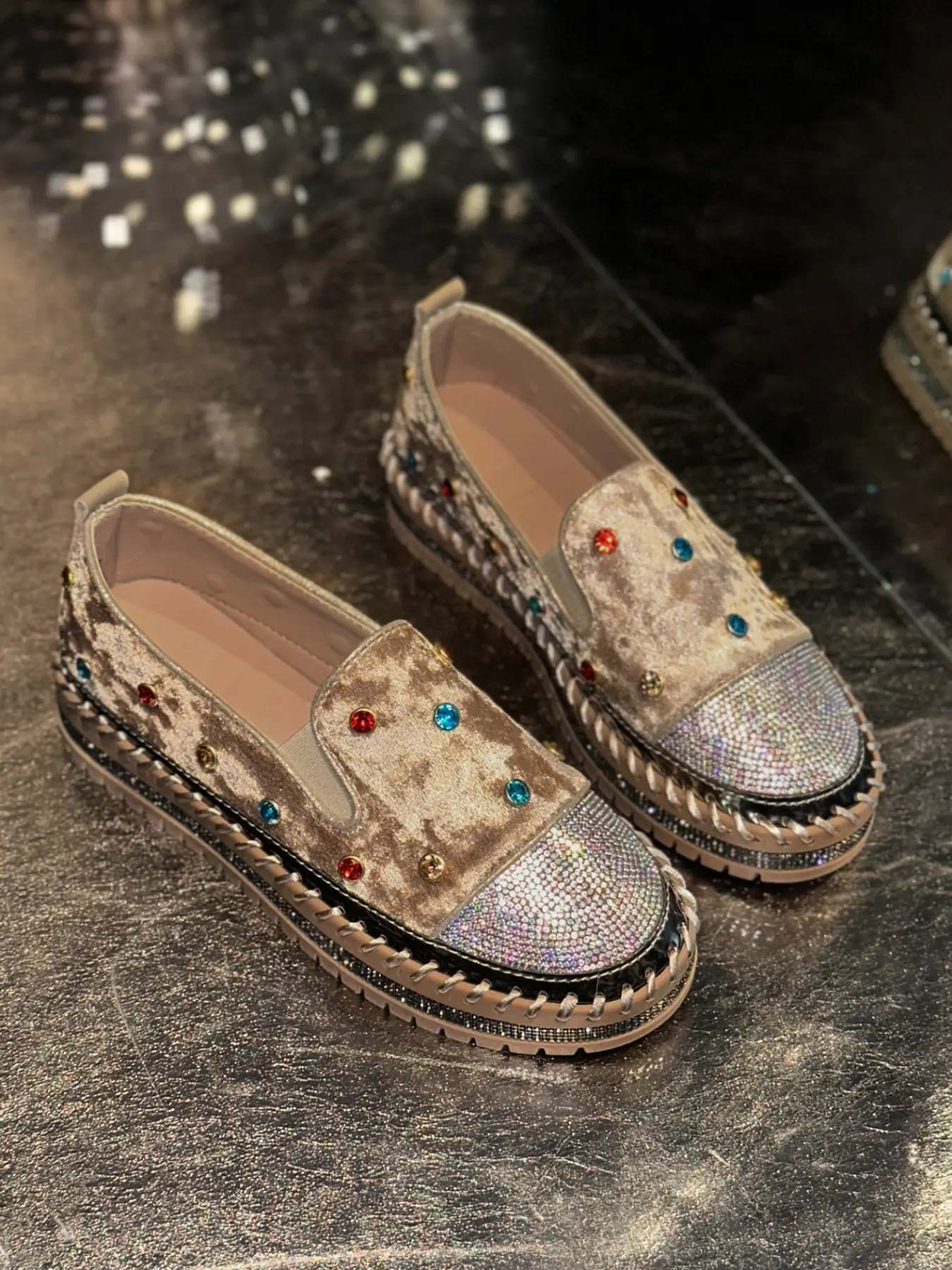 Colorful Rhinestone Velvet Thick Sole Loafers, Full Rhinestone Toe Vintage Hemp Rope Edge Women's Shoes Footwear