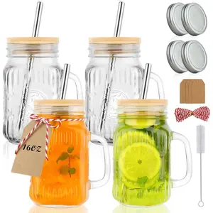 Mason Jar Cups with Handles,  16 oz Glass Iced Coffee Cup with   and Straws, Pint Drinking Jars Mug for Smoothie, Cold Drinks, Juice, Party Beverages, Set of 4
