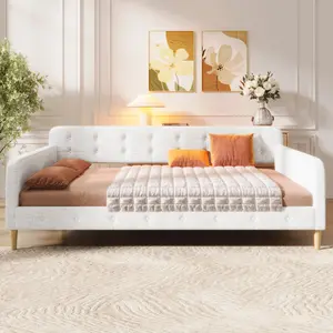 Queen Size Daybed Frame, Upholstered Linen Button Tufted Day Bed with Wood Slats Support for Small Space, Apartment, Bedroom, Living Room, No Box Spring Needed, Easy Assembly, Beige