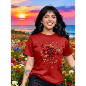 Women's Butterflies and Roses Print T-Shirt - Short Sleeve Crew Neck Blouse Top with Medium-Stretch Fabric Suitable for Summer & Spring, Casual Casual Attire or Dressy Occasions - Women's Clothing