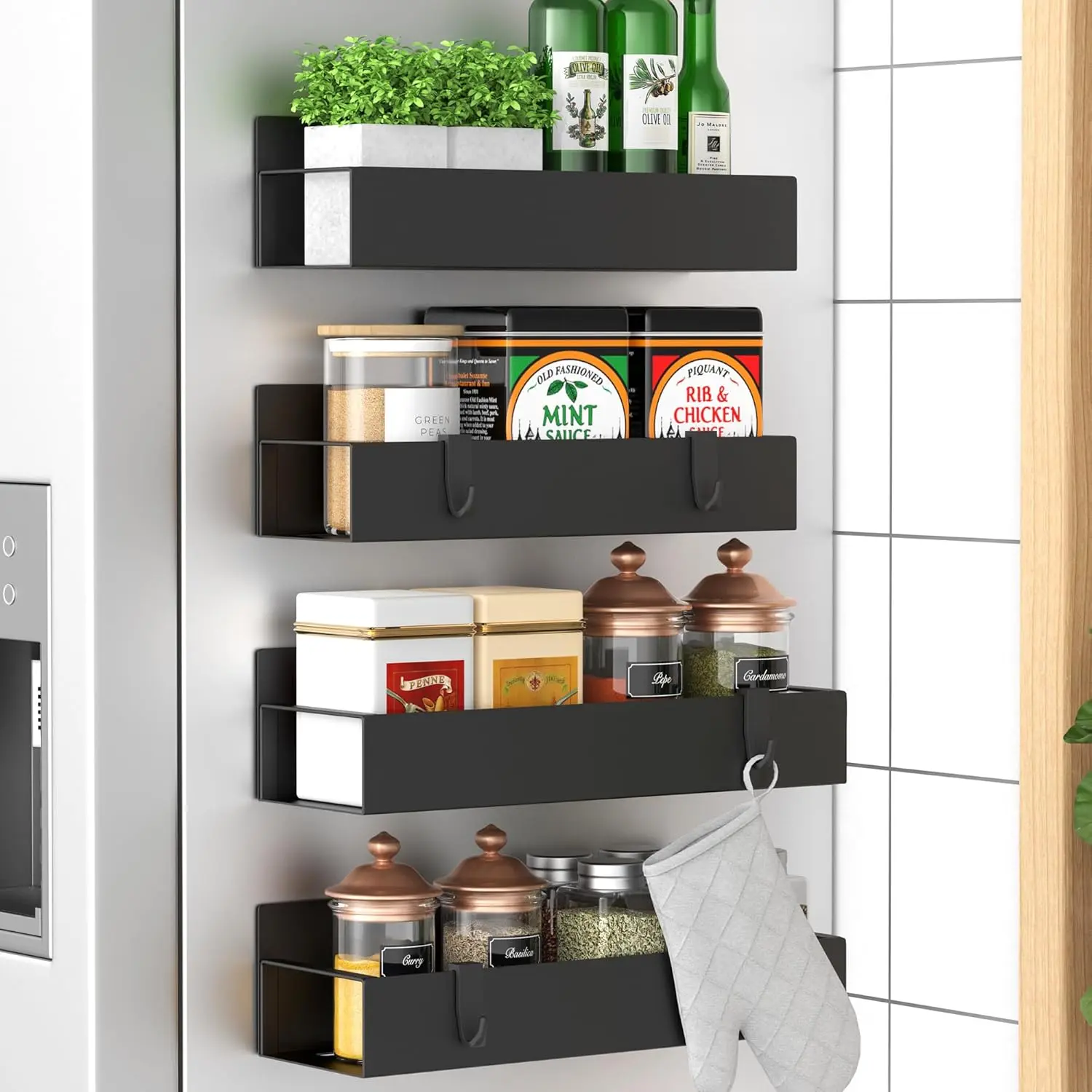 Huggiegems Metal 4 Pack Magnetic Spice Storage Rack Organizer for Refrigerator and Oven, Black Fridge Organizers and Storage, Metal HuggieGems
