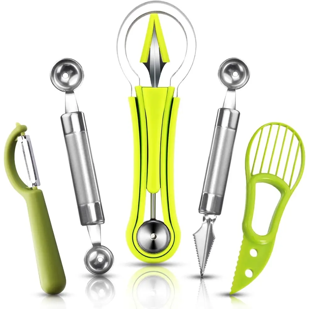 5-Pcs Lightweight Multi-Use Durable Stainless Steel Melon Baller Scoop Set - Kitchen Utensils with Separable Parts, 4-in-1 Fruit Tool, Seed Remover, Cutter, Double-Sided Spoon, Avocado Cutter, Watermelon Carving Knife, Pulp Separator, Slicer, Peeler