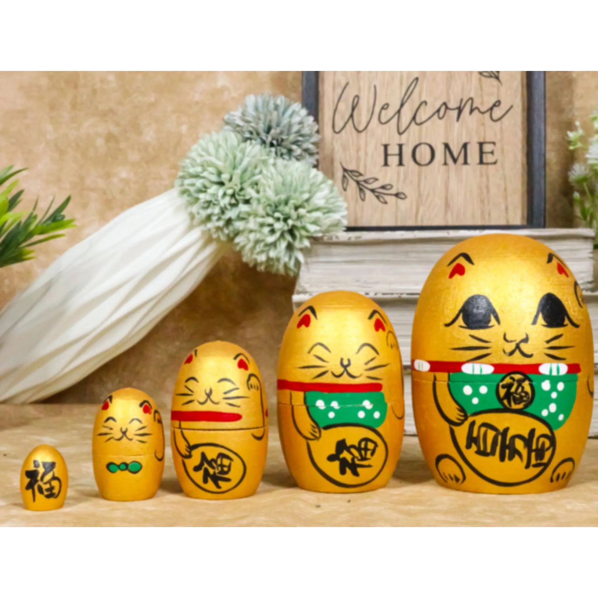 Ebros Golden Maneki Neko 5-Pcs Eco-Friendly Wooden Stacking Nesting Dolls Matryoshka Set, 3.75" Tall Pencil Holder with Bold Designs
