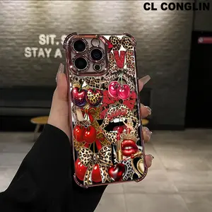 Luxury Transparent Crystal Protector Cellphone Case - 4-Corner Anti-Fall Shockproof Soft Silicone, Non-Yellowing Customized Designs (Leopard Print, Lip Print, Cherry) for iPhone 17 Pro Max, 16 Pro Max Plus, 15, 14, 13, 12, 11 Smartphones