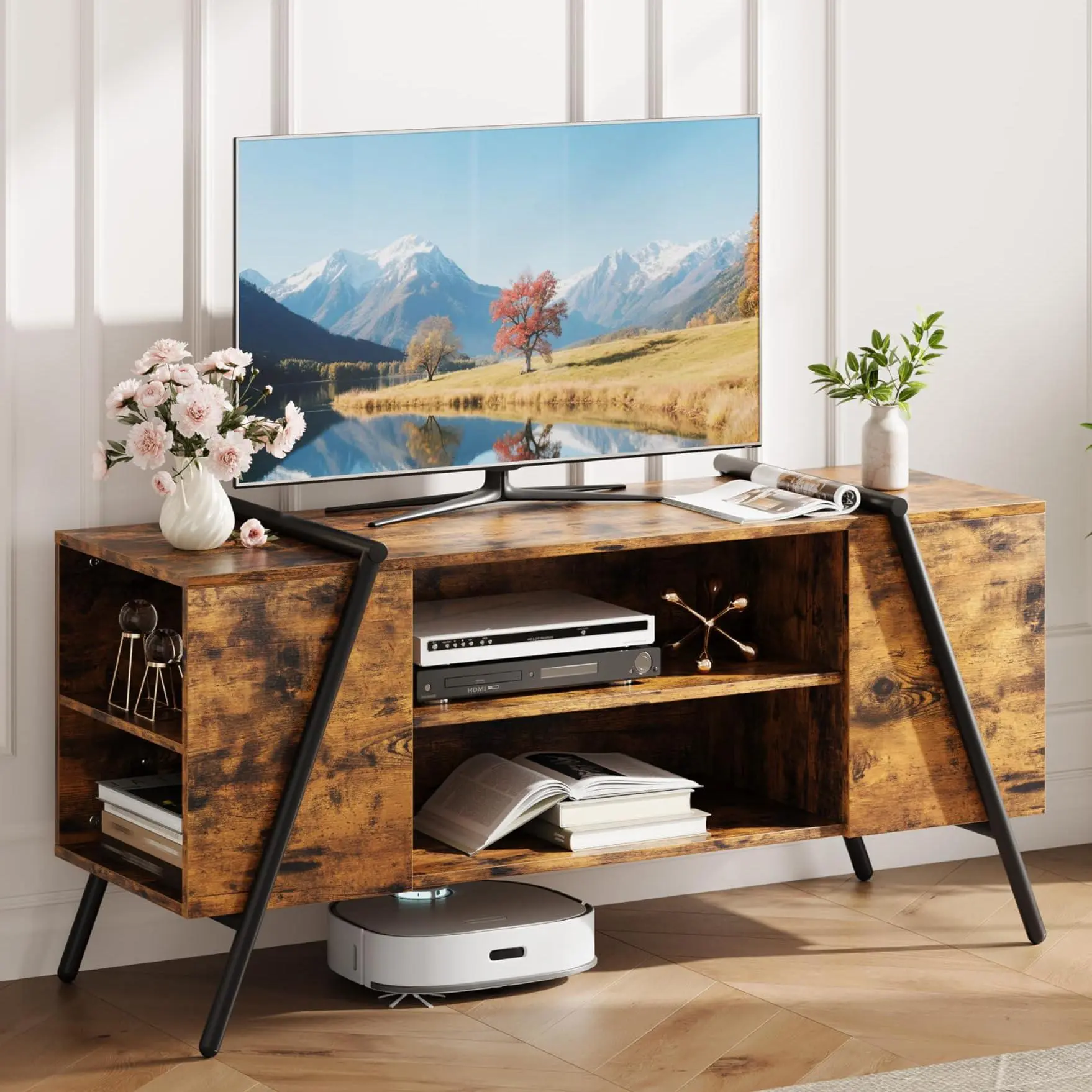47 in TV Stand with Slanted Metal Legs, Industrial Media Console with Adjustable Open Shelves, Wooden Entertainment Center Television Stand for Living Room, Bedroom, Orange Oak