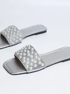 Fairy Style Pearl Rhinestone Sandals, Square Toe Flat Soft Sole Slip-Ons, Daily Commute Versatile Women's Shoes, Comfortable and Stylish