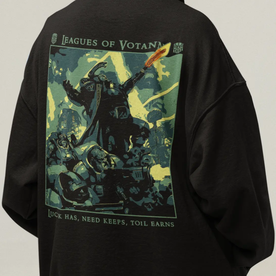 Leagues of Votann Hoodie "Luck Has, Need Keeps, Toil Earns" – Warhammer 40K Kin Sweatshirt, Grimdark Dwarf Hoodie, Sci-Fi Gaming Apparel, Unisex Space Miner Gift