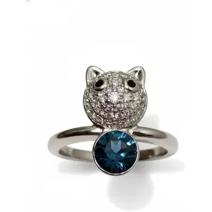 Silver Cat Ring with Blue Crystal, Adjustable, Cubic Zirconia Accents, Cute Animal Design