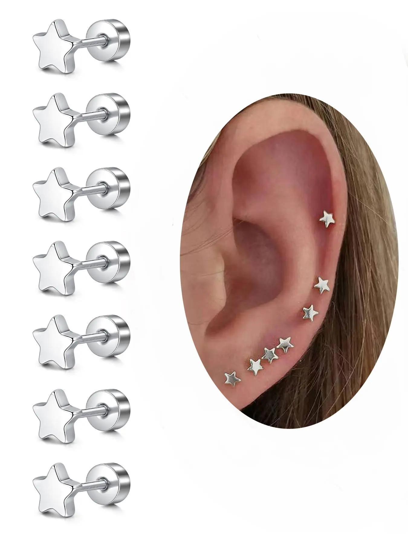 Star Design Earrings, Stainless Steel Cartilage Earring Set Stud Earrings, Stud Earring Pack, Fashion Jewelry for Women & Men, Trendy All-match & Exquisite Jewelry for Birthday Gift, Ear Studs
