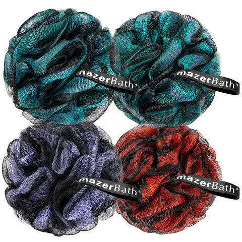 AmazerBath Charcoal Bath Sponge Loofahs Set (4-Piece, 60g) - 5.5 Inches PE Material Bathroom Accessory with Hanging Ribbon, Exfoliating Alternative to Mitt, Foamy Lather for Smoothing Soft Skin, Use with Gel, Sponges & Poufs
