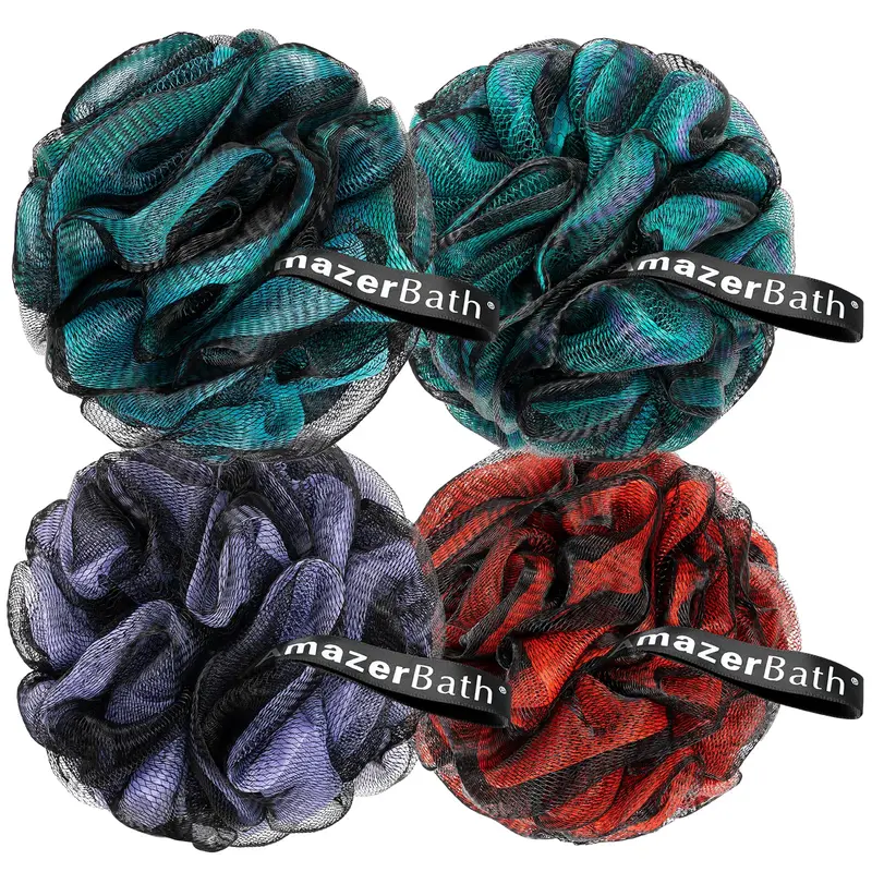 AmazerBath Charcoal Bath Sponge Loofahs Set (4-Piece, 60g) - 5.5 Inches PE Material Bathroom Accessory with Hanging Ribbon, Exfoliating Alternative to Mitt, Foamy Lather for Smoothing Soft Skin, Use with Gel, Sponges & Poufs