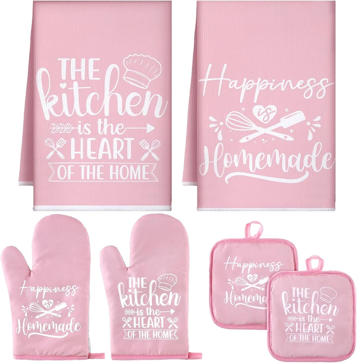 6 Pcs Pink Kitchen Decor Accessories Set Cute Farmhouse Towels Pot Holders Oven Mitts Set 2 Dish Towels 2 Potholders 2 Cooking Mittens for Baking Cooking House Supply(Pink, Kitchen)
