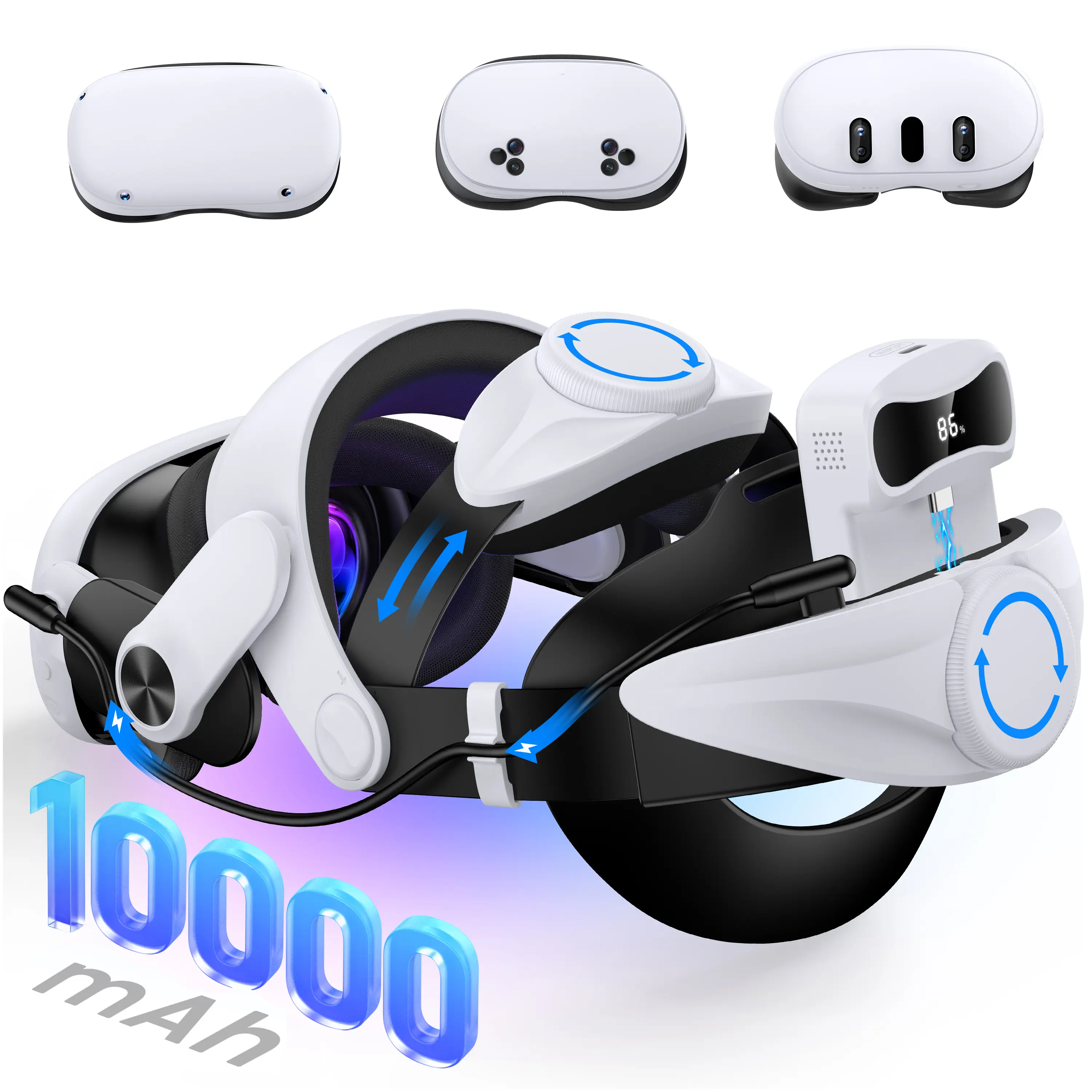 BEBONCOOL 10000mAh Plastic Frame VR Battery Strap with Memory Foam for Quest 2/3/3s, Durable Plastic Build, Flip-Up Hinge, Ergonomic Adjustable Fit, USB-C Charging Cables, Connectors, Batteries Included, Headset Strap