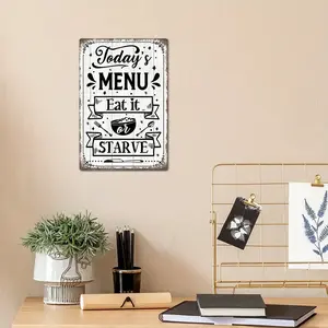 ironVintage "Today'S Menu: Eat or Starve" Metal Tin Sign - Rustic Farmhouse Wall Decor with Distressed Black & White Design, Perfect for Kitchen, Restaurant, or Holiday Gift, Kitchen Wall Art |   Vintage Kitchen Sign |   Durable Metal Sign,