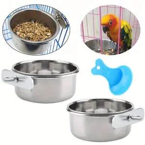 2PCS Stainless Steel Bird Food Water Bowl Bird Feeding Cup Set with Clips Double Bowl Design for Small Birds, Chew Resistant Bird Feeder and Water Cup Bird Cage Accessories