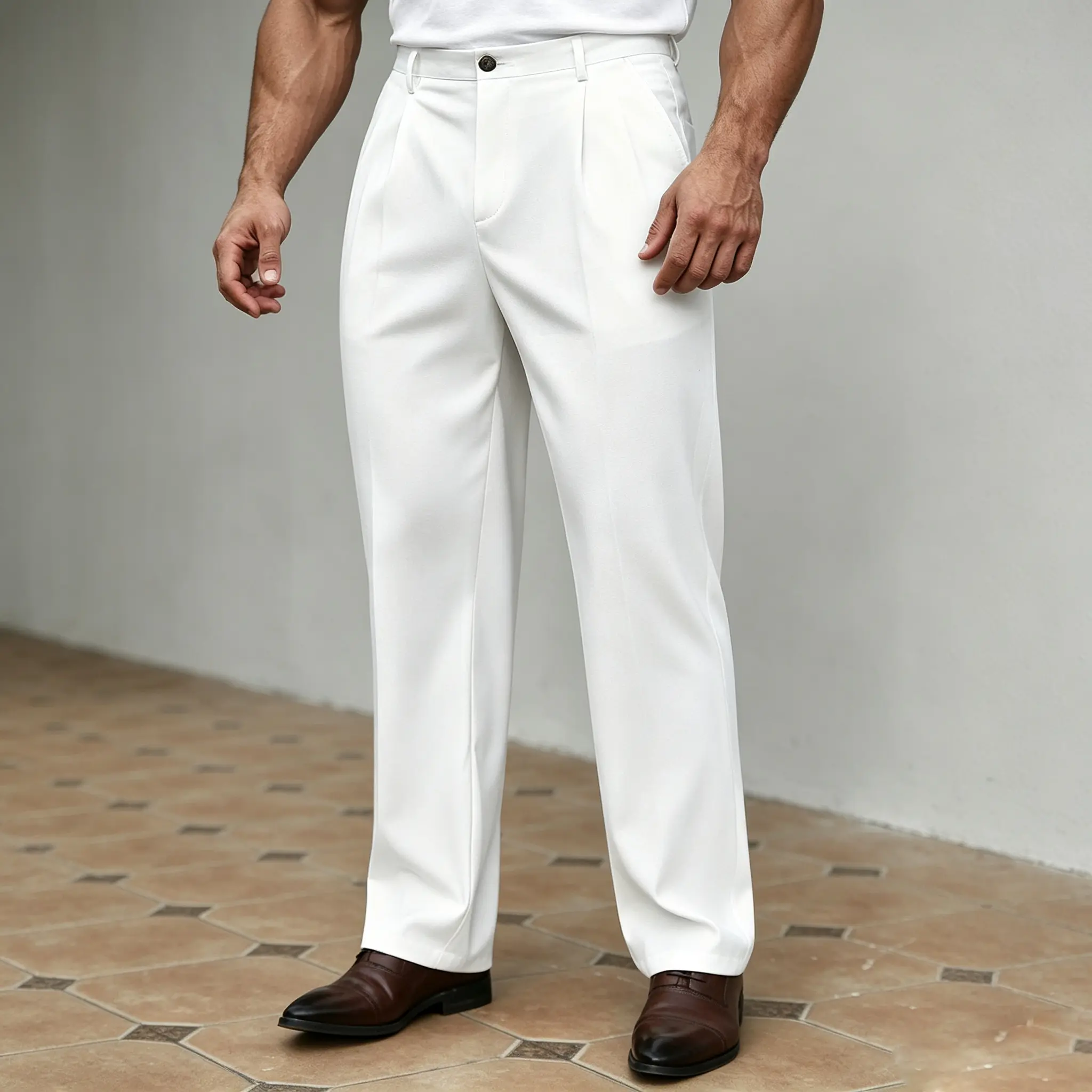 Men's High-Waist Double-Pleat Wide-Leg Dress Trousers - Solid Plain Polyester Blend Drape Fabric, Wrinkle-Resistant for Business & Casual Wear