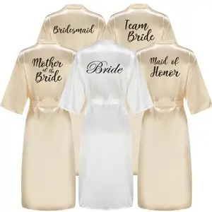 New Bridesmaid Robe With Black Letters Mother Sister of The Bride Wedding Gift Long Bathrobe Satin Kimono