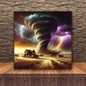Tornado Fury: Village Under Lightning 5D Diamond Painting Kit, DIY Mosaic Craft for Beginners, Full Round Diamond Art Decoration Gift for Home Wall