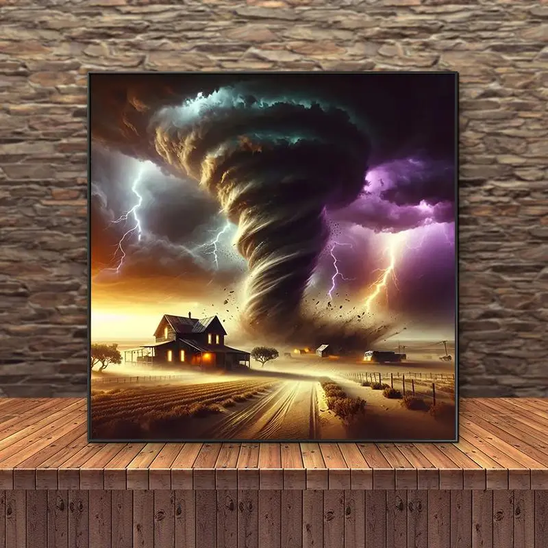 Tornado Fury: Village Under Lightning 5D Diamond Painting Kit, DIY Mosaic Craft for Beginners, Full Round Diamond Art Decoration Gift for Home Wall