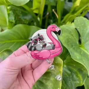 Raccoon on Flamingo Floatie Badge Reel – Summer Animal ID Holder