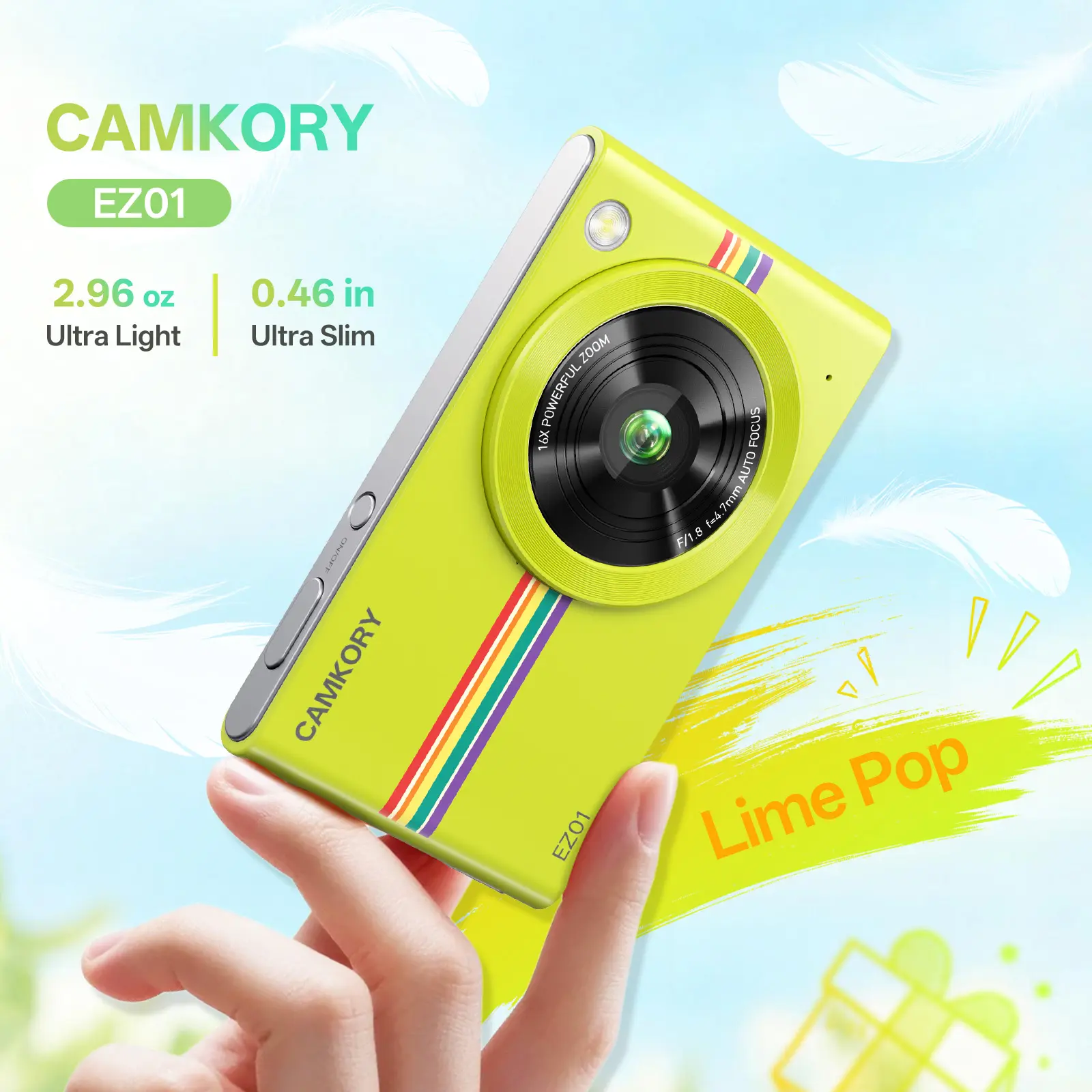 CAMKORY EZ01 Compact Digital Camera for Travel & Vlogging — Ultra-Thin Pocket Camera with Creative Filters & WiFi, Cute Lightweight Camera for Teens, Girls & Content Creators, Macaron Colors